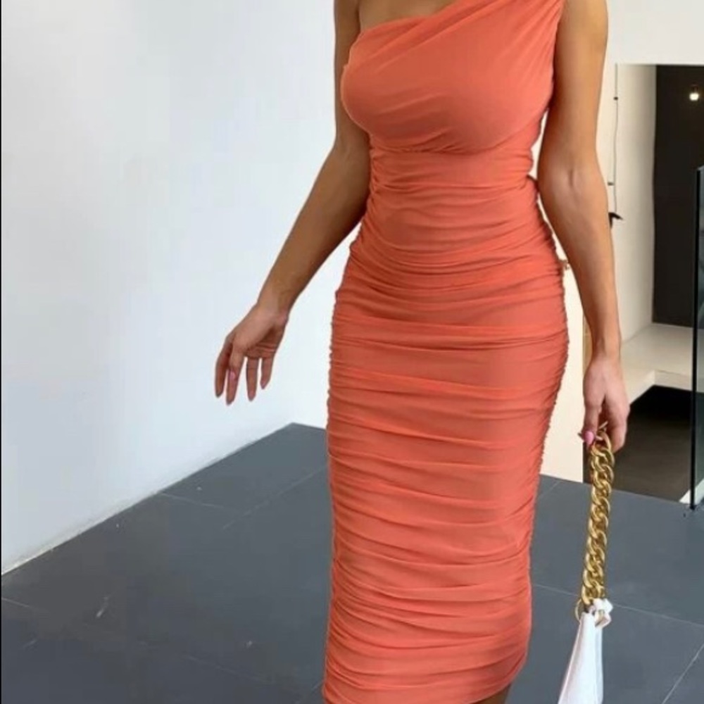 Women’s One-Shoulder Ruched Coral Dress